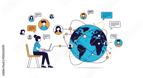 Illustrating global connectivity and digital communication with people interacting across networks via laptops and social media platforms connecting continents