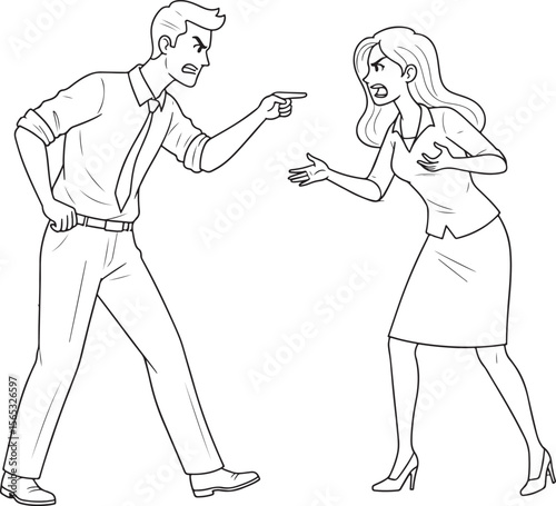 A dynamic illustration depicting a man and a woman engaged in a heated argument in an open-plan office setting