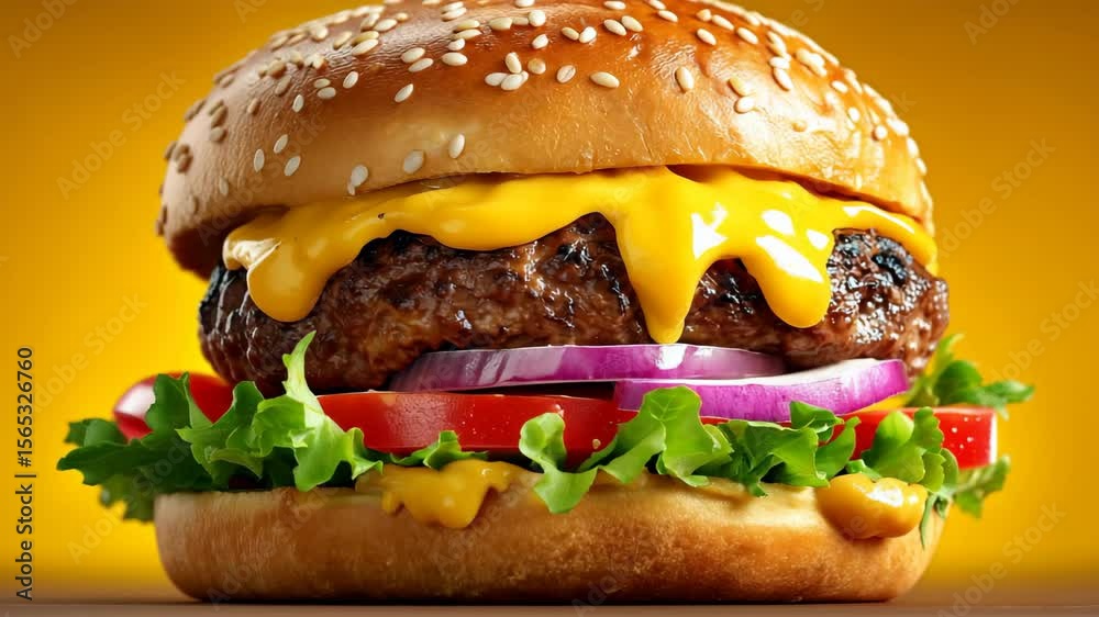 香ばしいバンズのチーズバーガーが新鮮野菜で輝く