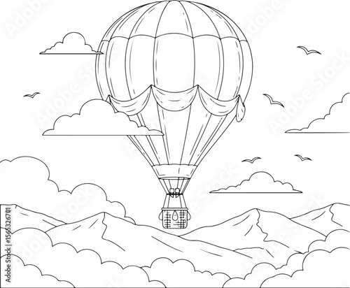 A highly detailed black and white line art illustration of a hot air balloon floating gracefully above a mountain range, surrounded by stylized clouds and flying bird