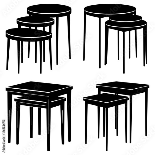 Illustration of four sets of nesting tables with round and square tops in black and white style