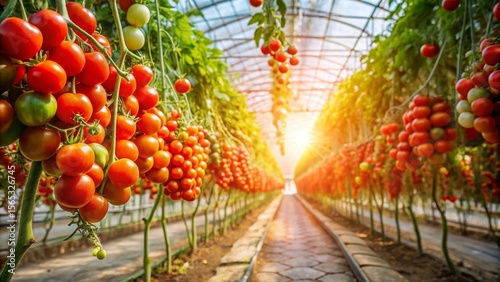 Sunlit Greenhouse Rows of Ripe Tomatoes Hanging Abundantly from Vines