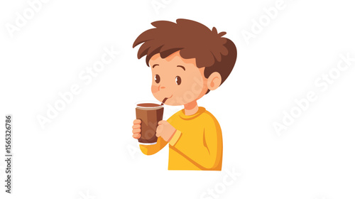 Young Boy Enjoying Hot Chocolate in Glass - Flat Vector Illustration