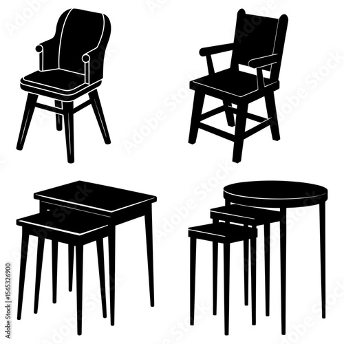 Illustration of two chairs and two sets of nesting tables in silhouette against a white background