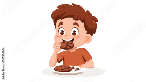 Young Boy Enjoying Delicious Chocolate Cookie - Flat Vector Illustration