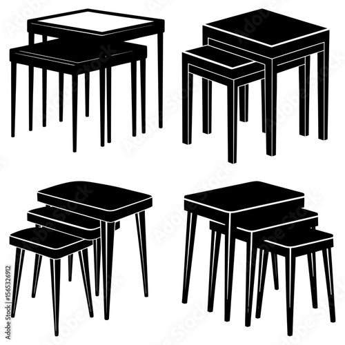 Illustration showing four sets of nesting tables with varying styles and arrangements on a white background