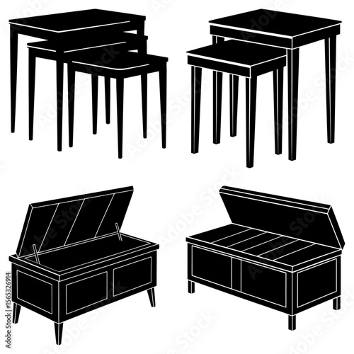 Illustration of two sets of nesting tables and two storage benches on a white background design