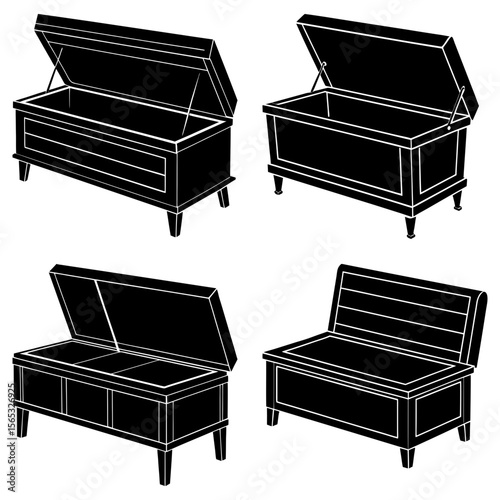 Illustration showing four different styles of storage benches with open lids in black and white design