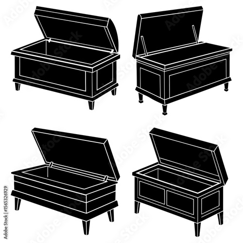 Four black storage benches with open lids in a pattern on a white background are presented here