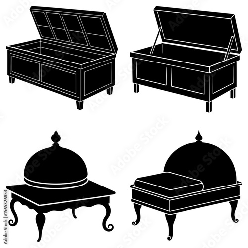 Silhouette illustration featuring two open storage chests and two cushioned furniture pieces on white