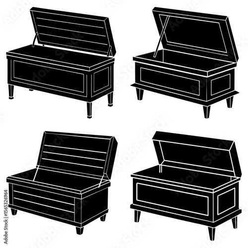 Four black and white illustrations of wooden chests with lids in different opened positions shown
