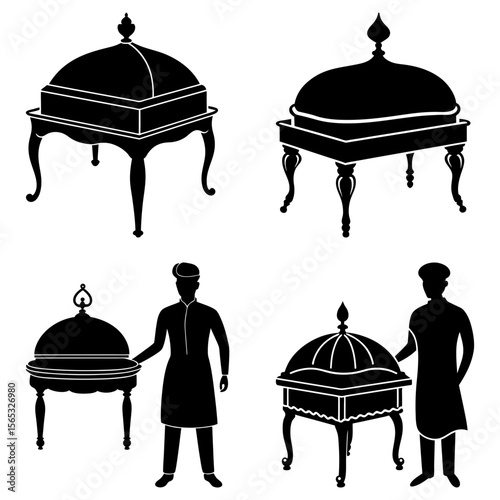 Silhouettes of covered serving dishes on stands and men in uniform in a black and white image