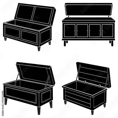 Four black and white storage chests with open lids in various perspectives and styles isolated