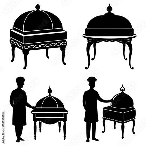 Illustration of covered serving dishes with ornate stands and servers in silhouette form art