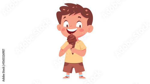 Joyful Boy Eating Delicious Chocolate Ice Cream Cartoon Flat Vector Illustration
