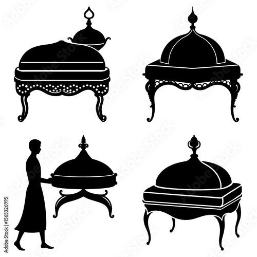 Silhouette illustration of four serving dishes on tables with a person in the lower left