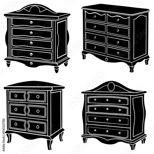 Four different chest of drawers illustrations in black and white showcasing furniture designs and styles