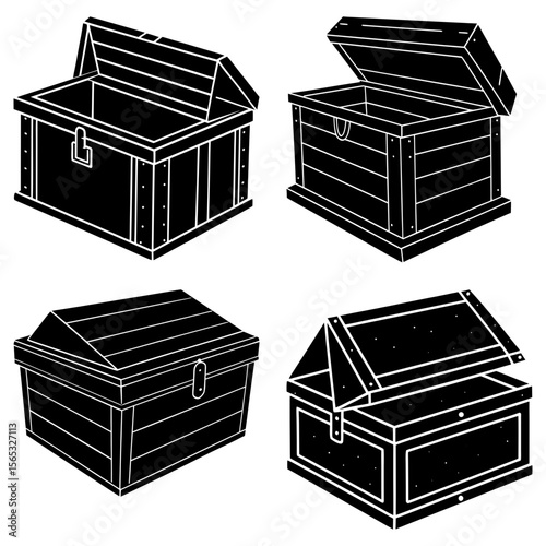 Illustrative depiction of four chests in various states of opening and closing in black and white style