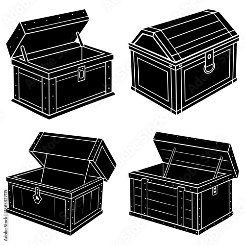 Illustration showing four different black and white treasure chests in various open and closed positions