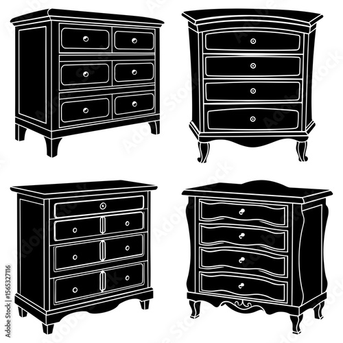 Four black and white chest of drawers with varying designs and drawer configurations are displayed here