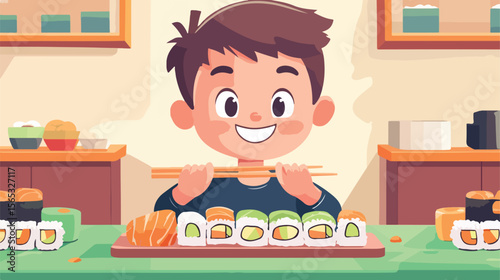 Young Boy Enjoying Delicious Sushi - Flat Vector Illustration