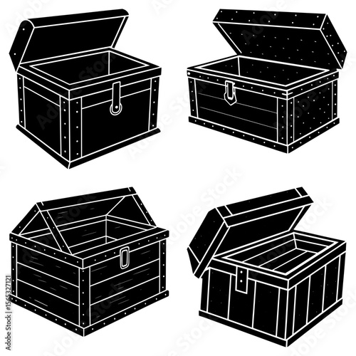 Illustration of four open treasure chests with varying designs and construction details in black and white style