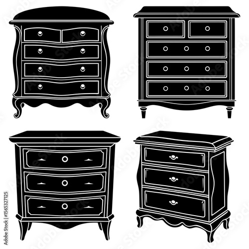Four antique chest of drawers in black and white with different designs and varying drawer counts
