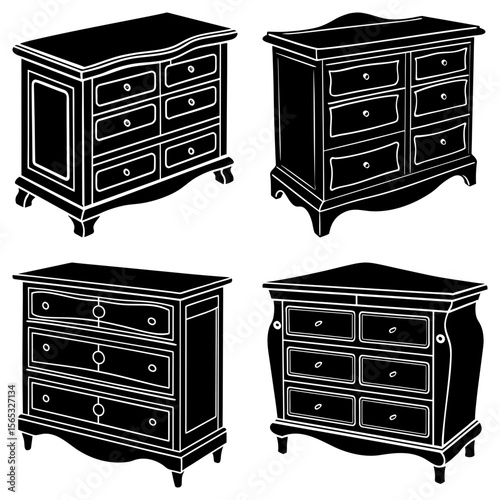Four dresser illustrations showcasing different shapes and drawer configurations on a white background