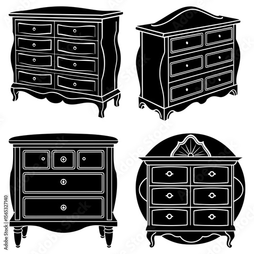 Four black and white chest of drawers with varying designs and drawer configurations are displayed here