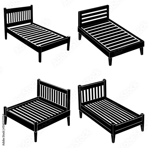 Four black and white illustrations of single beds with slatted headboards and footboards shown