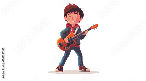 Talented Boy Guitar Player Flat Vector Illustration