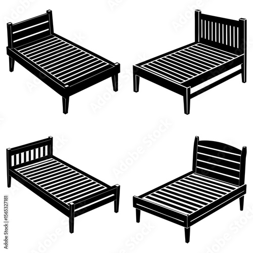 Four isometric black and white beds with varying headboard designs arranged in a square pattern