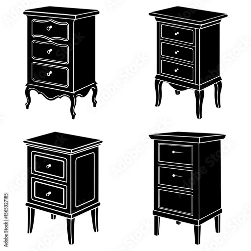 Four silhouettes of nightstands with different designs and drawer configurations on a white background