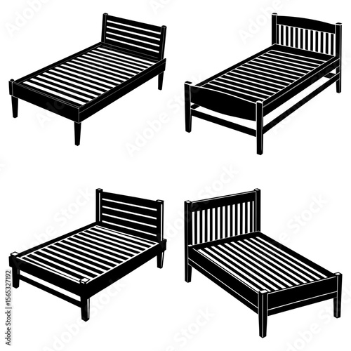 Four black and white illustrations of single beds with slatted headboards and slatted bases shown
