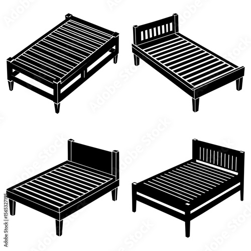 Four isometric black and white beds with slatted frames and headboards in varying styles shown together