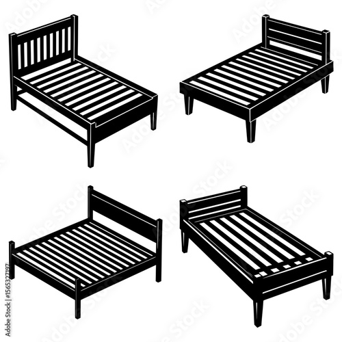 Four isometric beds with wooden frames and slatted bases arranged on a white background view from above