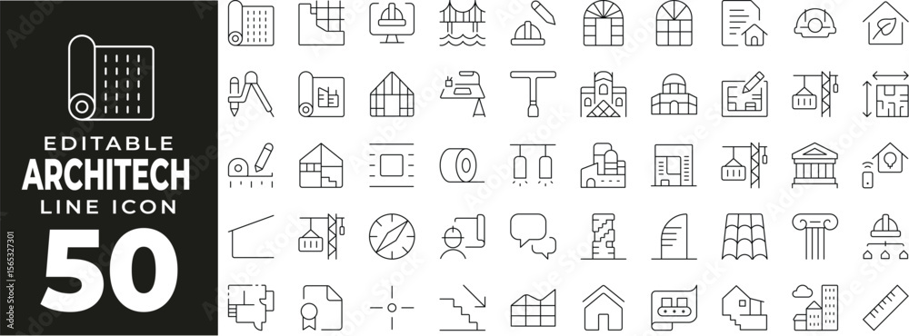 Fototapeta premium Architecture set of web icons in line style. Architect linear icons collection. Containing blueprint, ruler, building plan, compass, scale, construction helmet, architecture tools. Editable stroke