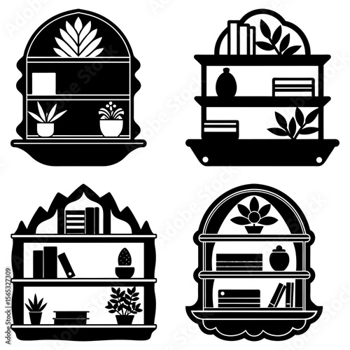 Four decorative shelves with books and plants in black and white silhouette style illustration vector image