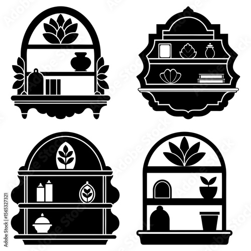 Four decorative shelves with various shapes and items in black and white silhouette illustration style