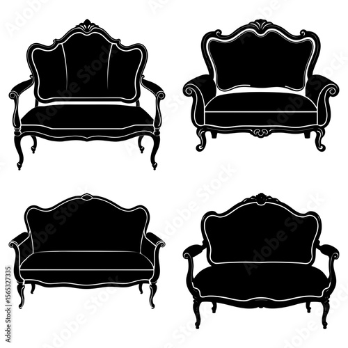 Four black and white antique sofas and armchairs with ornate details in a symmetrical arrangement