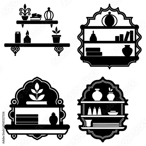 Collection of decorative shelves with various items in black and white silhouette illustration style