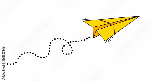 Illustration of a yellow paper airplane with a dotted line trail on a white background vector image