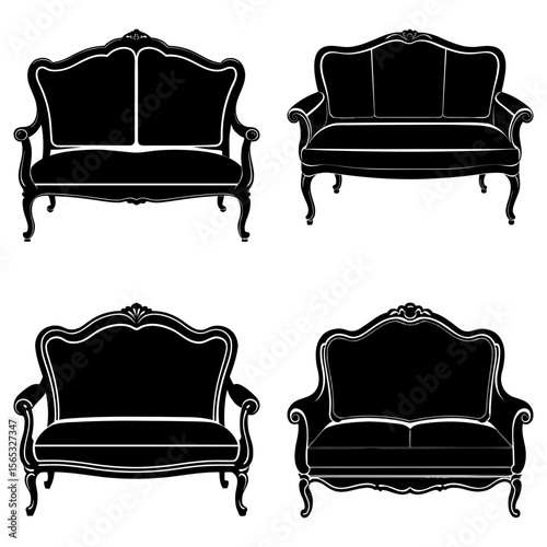 Four black silhouette vintage style sofas with ornate details arranged on a white background in a grid
