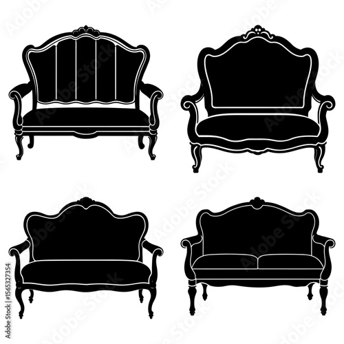 Four black silhouette illustrations of ornate antique sofas with decorative frames and legs design