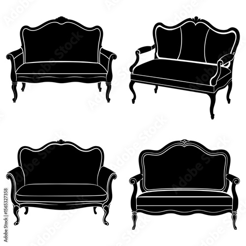 Silhouette illustration of four vintage style sofas with ornate frames and curved legs design element
