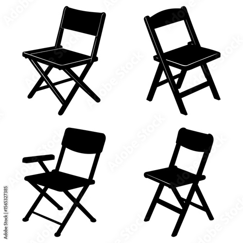 Four black silhouette illustrations of folding chairs in various styles and orientations on white background