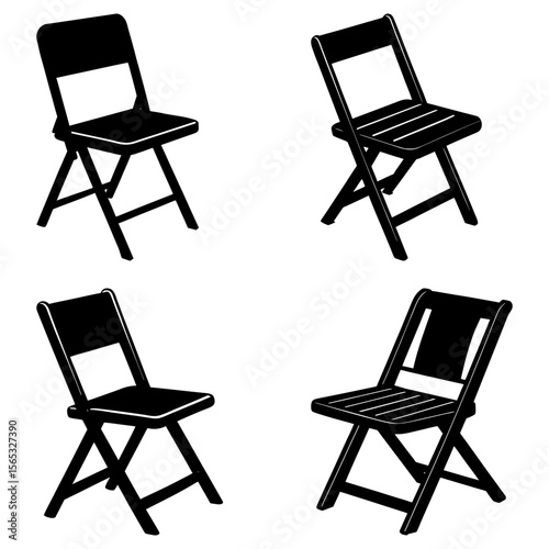 Four folding chairs in black silhouette arranged in a square formation on a white background view