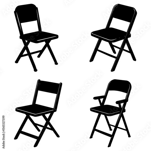 Four black folding chairs in different angles and one with armrests on a white background view