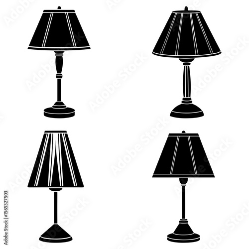 Four table lamps with different base and shade designs in black silhouette on a white background image art