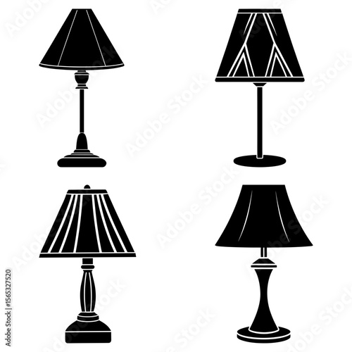 Illustration of four table lamps with different designs and shapes in a black and white color scheme